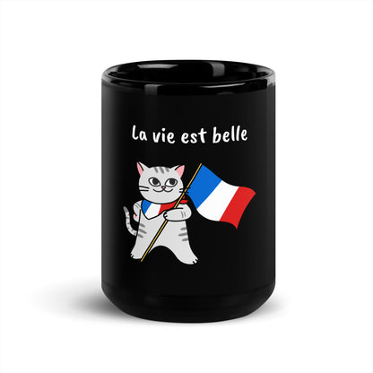 Caneca brilhante preta - Gato francês - La vie est belle