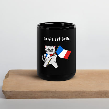 Caneca brilhante preta - Gato francês - La vie est belle