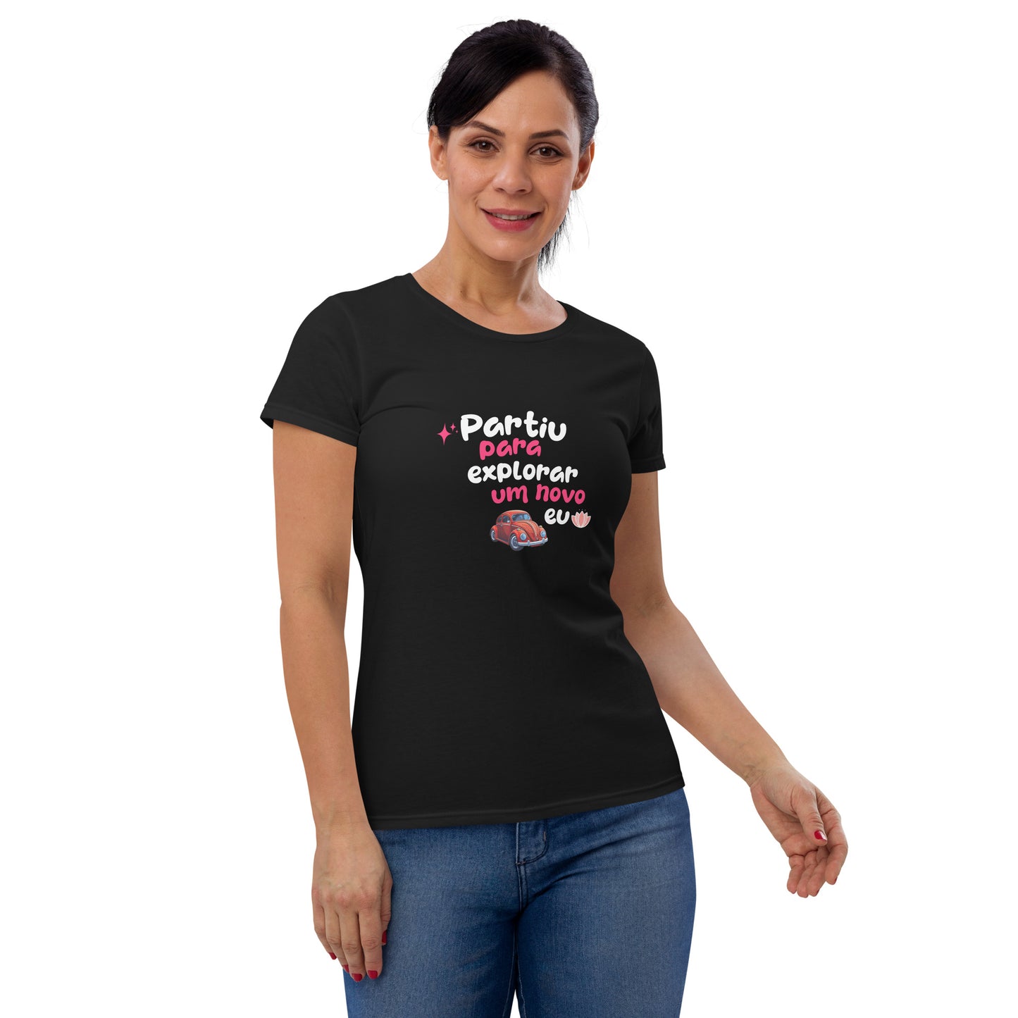 Camiseta feminina com mangas curtas - Partiu para explorar um novo EU