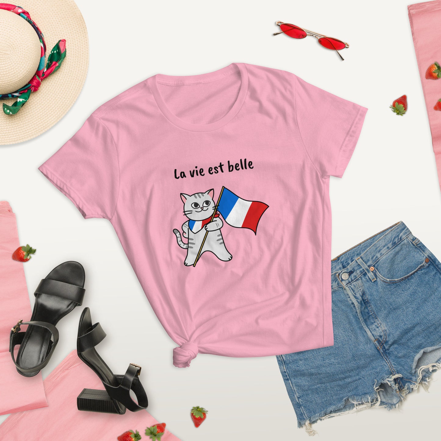 Camiseta feminina com mangas curtas - Gato francês - La vie est belle