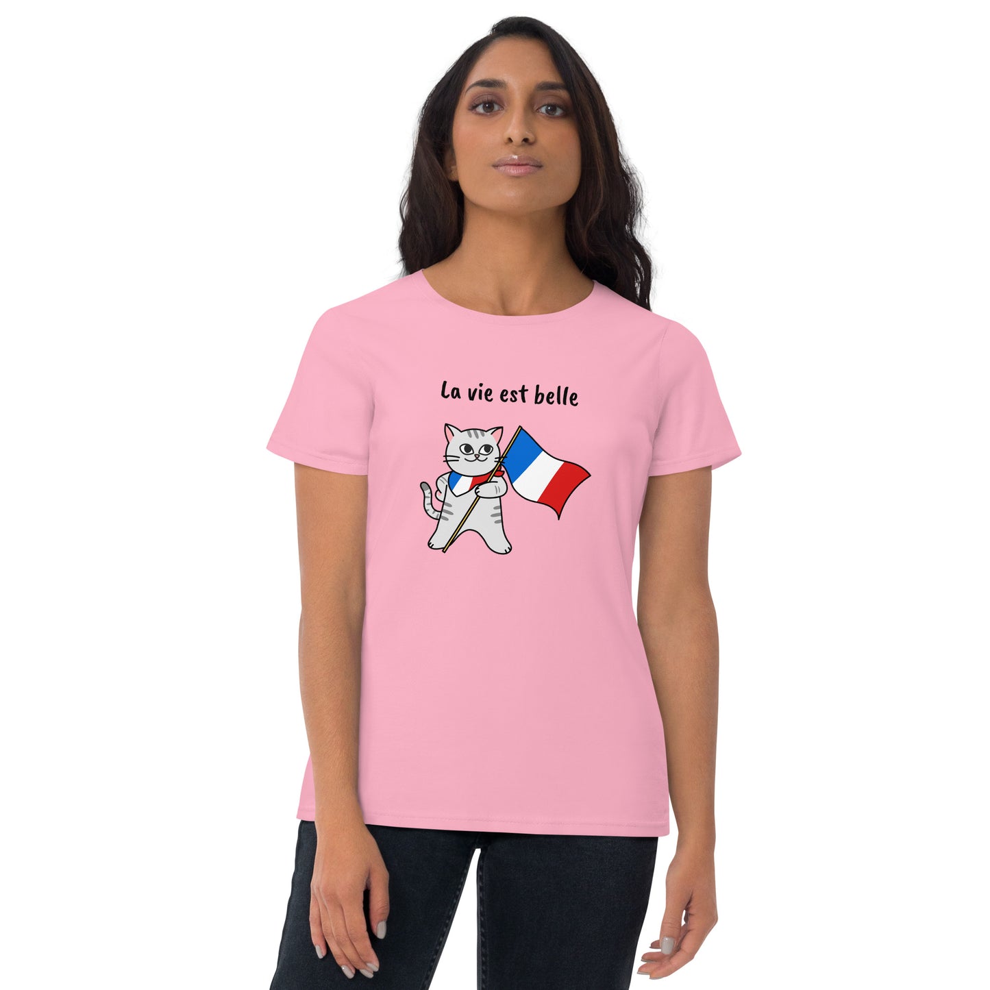 Camiseta feminina com mangas curtas - Gato francês - La vie est belle